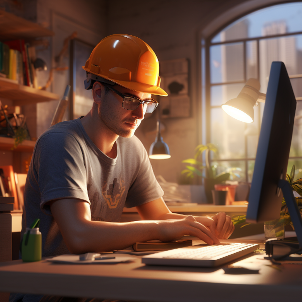 A developer wearing builders clothes and a hard hat, sitting at a desk in front of a computer