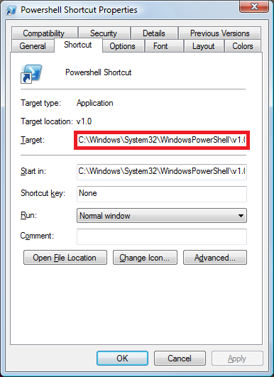 PowerShell shortcut properties